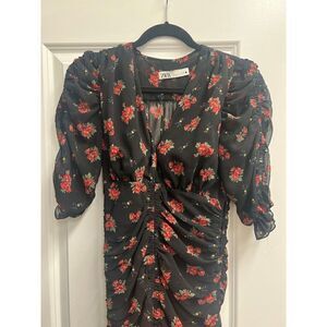 Zara Black Floral Ruched Mini Dress with Sleeves size S